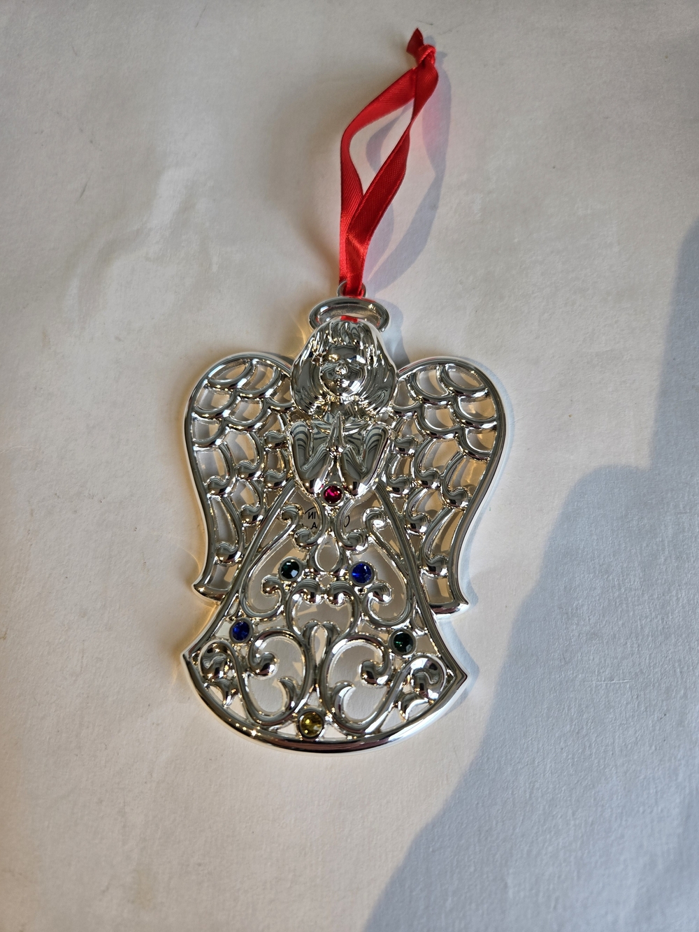 Lenox Silver Angel Holiday Ornament with Red Ribbon